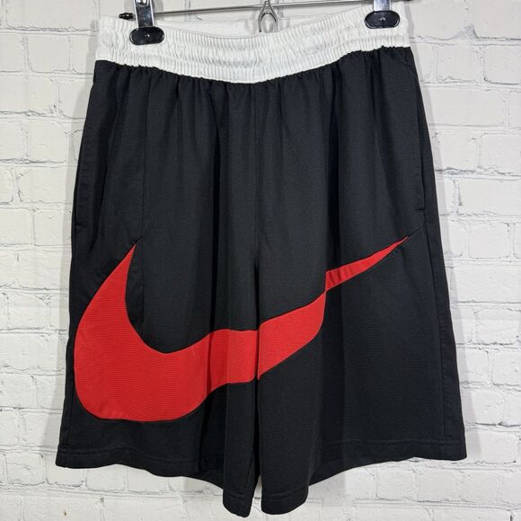VTG Y2K Nike Big Swoosh Shorts Men Medium Black Red Basketball Fleece Gym Rare - Picture 1 of 13